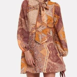 Divine Heritage Revolve Paisley Patchwork Silk Long Sleeve Orange Mini Dress XS